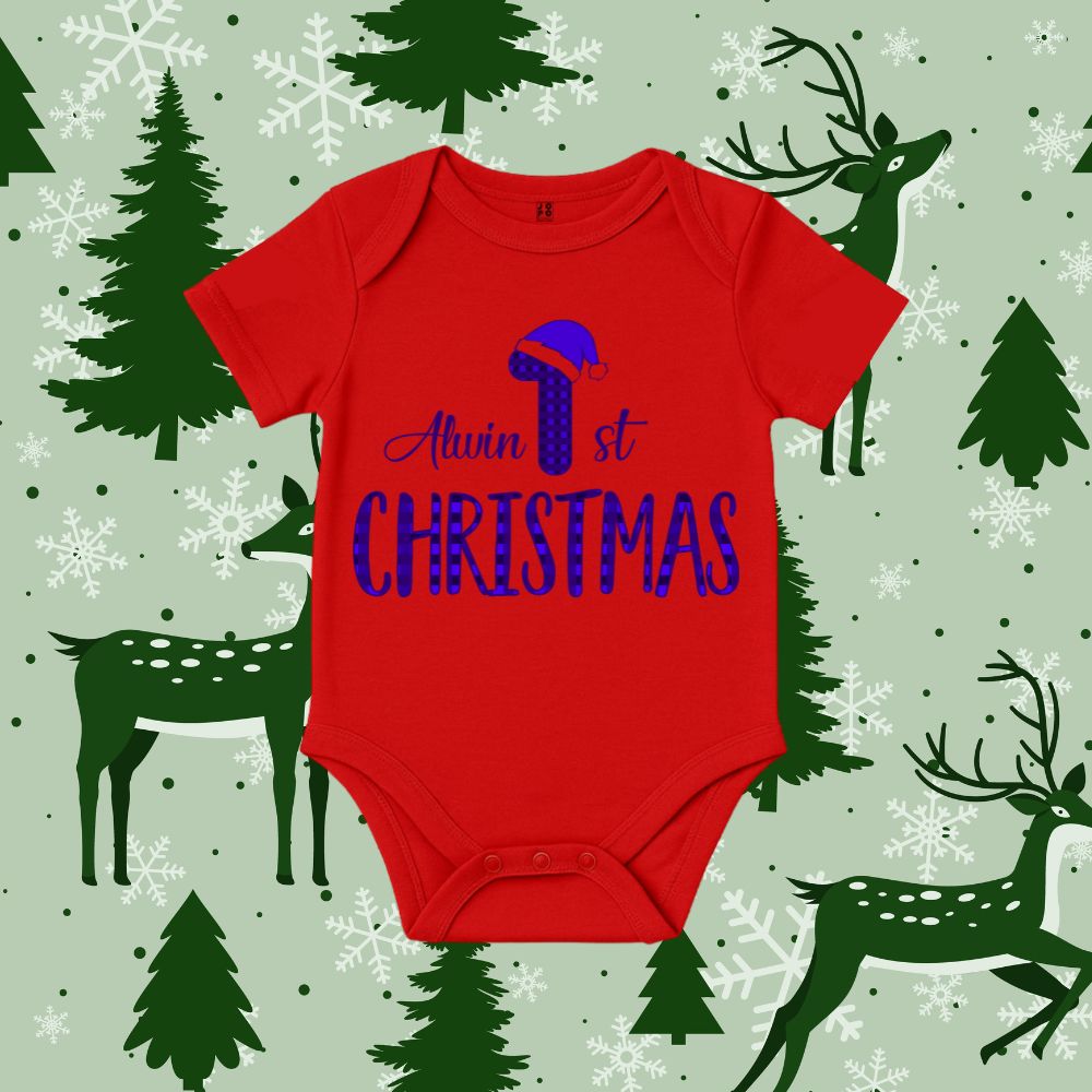 Blue Santa Hat & Patterned Text Design Personalized  1st Christmas Baby Romper