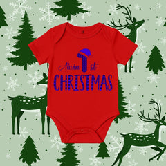 Blue Santa Hat & Patterned Text Design Personalized  1st Christmas Baby Romper