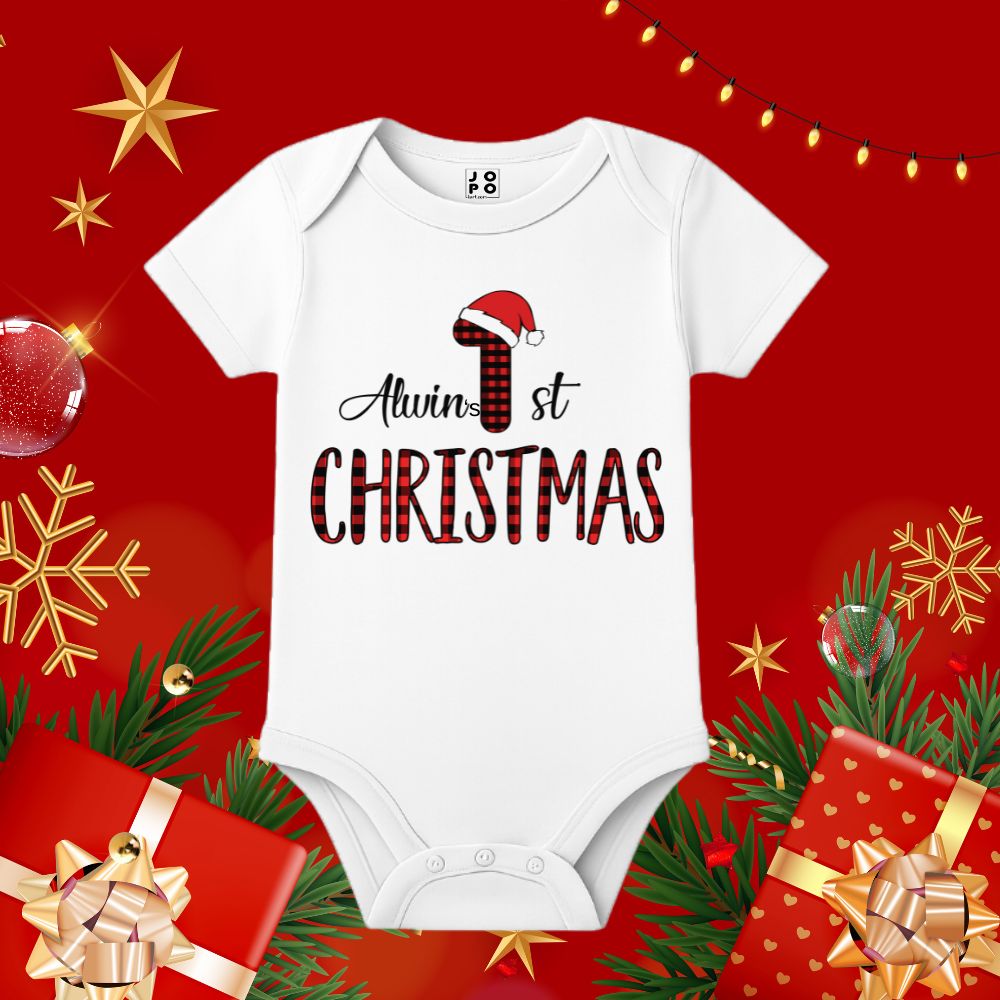 Blue Santa Hat & Patterned Text Design Personalized  1st Christmas Baby Romper