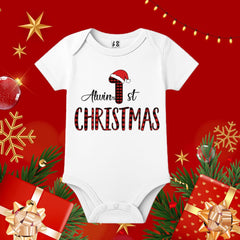 Blue Santa Hat & Patterned Text Design Personalized  1st Christmas Baby Romper
