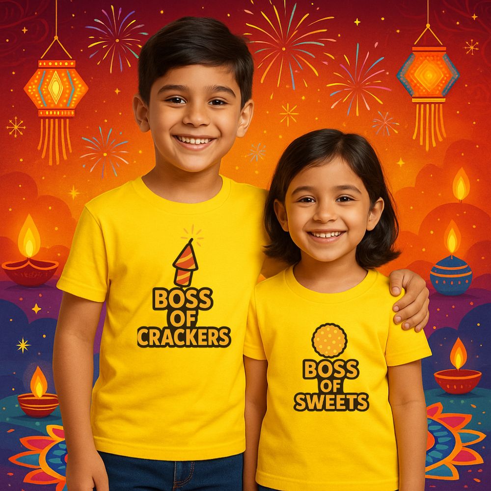 Boss of Crackers & Boss of Sweets  Personalized Kids Matching Diwali T-Shirts