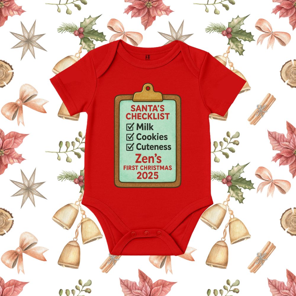 "Santa's Checklist" My First Christmas 2025 Personalized Baby Romper