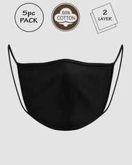 Black Plain Cotton Mask 2 Layer- 5 pc pack