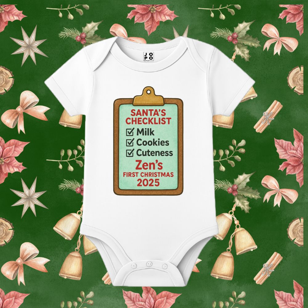 "Santa's Checklist" My First Christmas 2025 Personalized Baby Romper