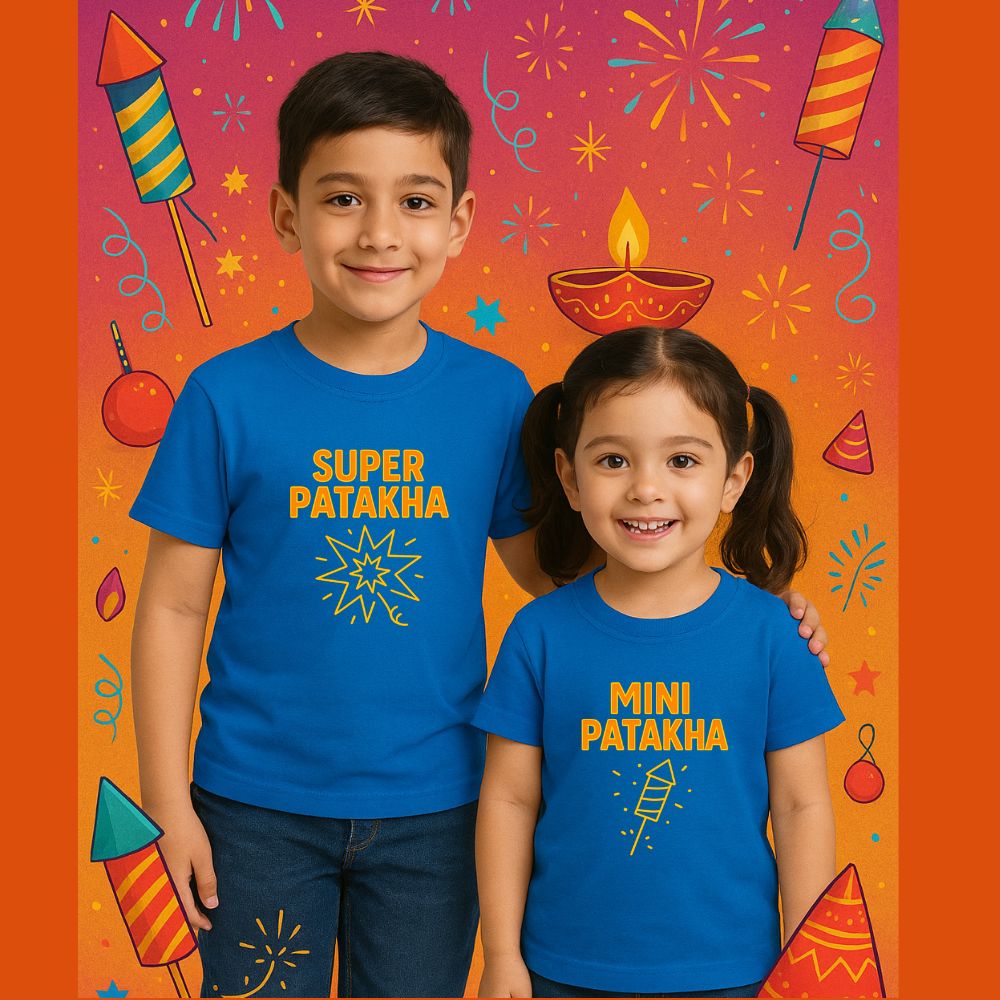 "Super Patakha" & "Mini Patakha" Funny Sibling Diwali T-Shirt Set