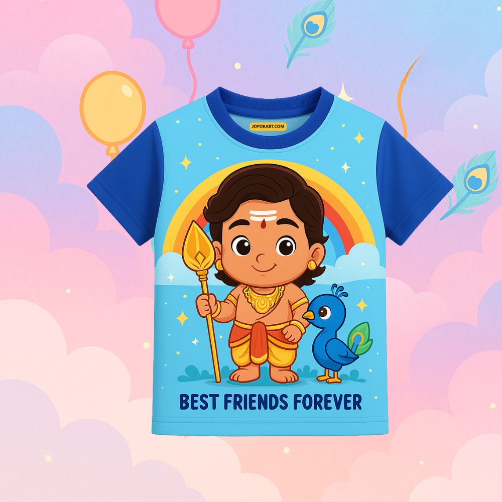 "Best Friends Forever" playful cartoon of Lord Murugan and peacock