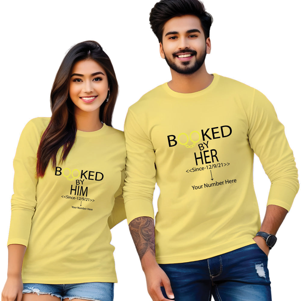 Booked by Him & Her printed couple T shirt