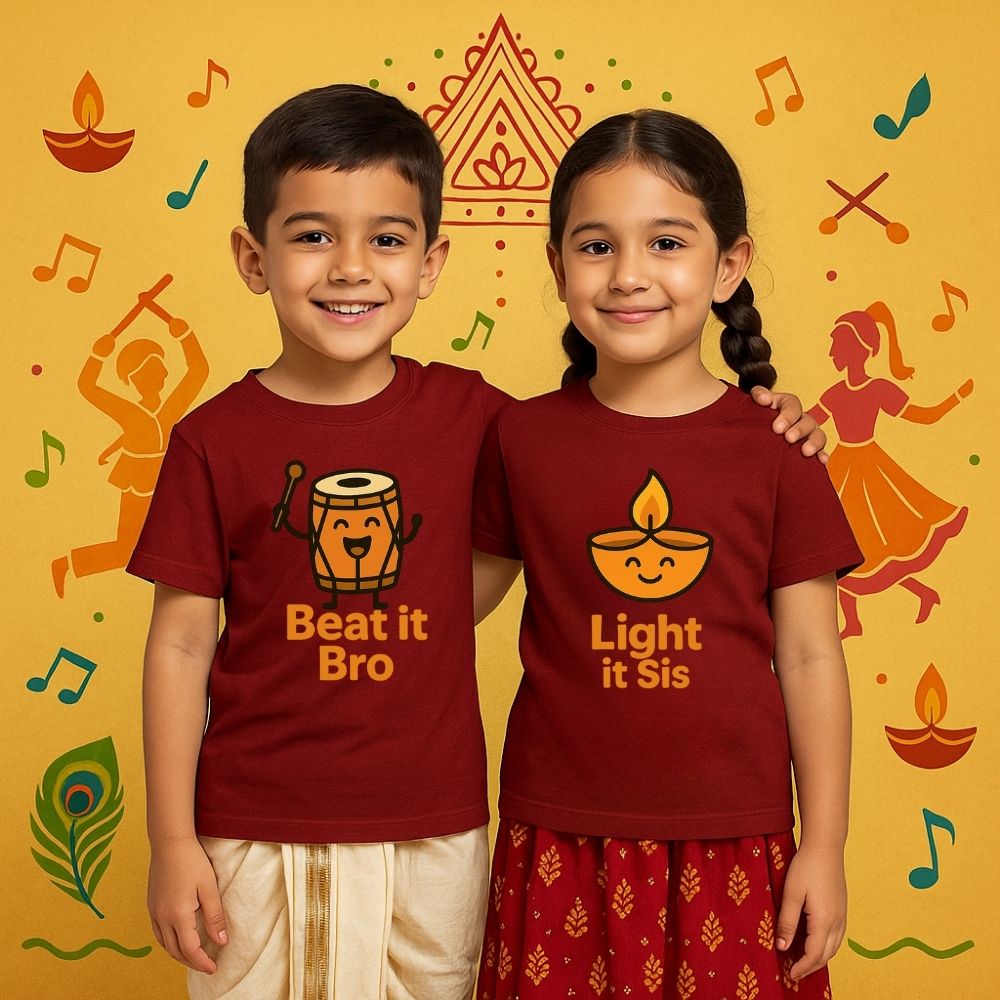 Beat it Bro Light it Sis Sibling Navratri Tshirts