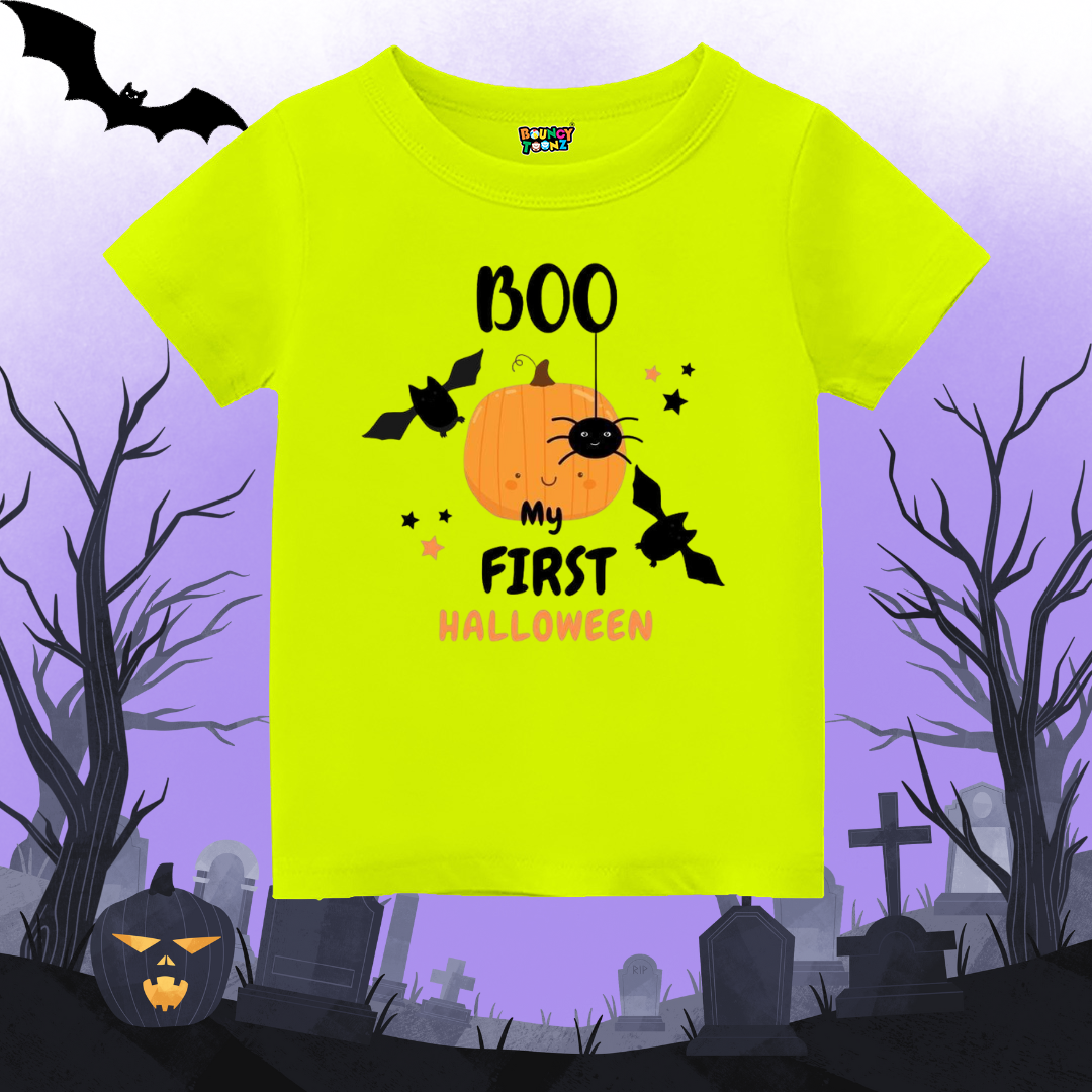 'Boo My First Halloween' Pumpkin & Spider Baby T-Shirt - Neon Green